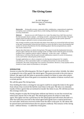 Copertina Documento PDF - The Giving Game: Stabilization and Computational Complexity Analysis